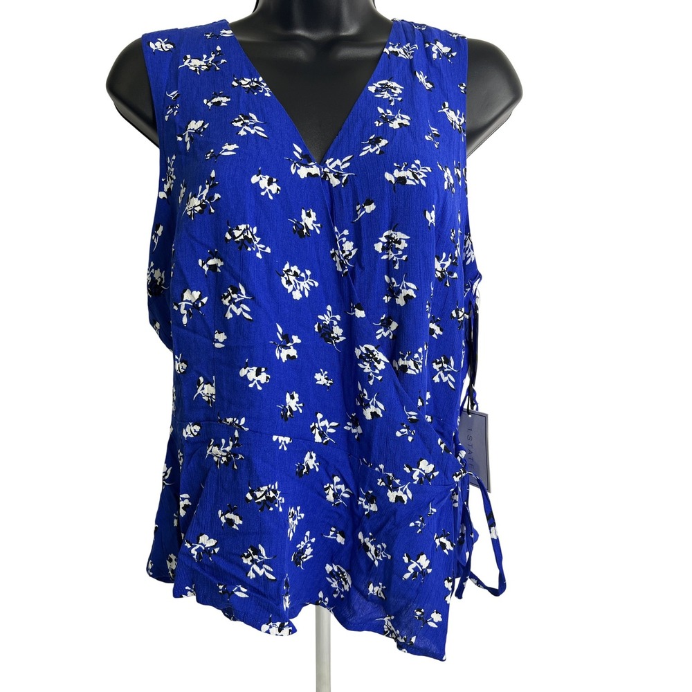 1. State Tank Top Womens Medium Blue Floral Wrap Sleeveless Blouse Tie Waist New